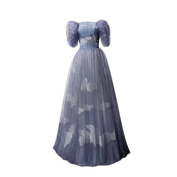 Charmant Océan Bleu Perlage Perle Paillettes Robe De Soirée 2022 Princesse De l'épaule Manches Courtes Dos Nu Longue Promo Robe De Ceremonie