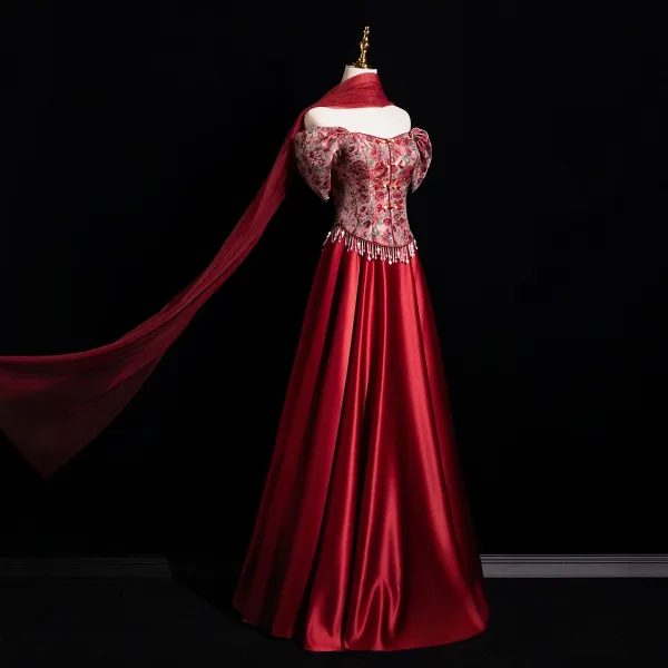 Chinese style Burgundy Printing Prom Dresses 2025 A-Line / Princess Off-The-Shoulder Short Sleeve Backless Floor-Length / Long Prom Formal Dresses