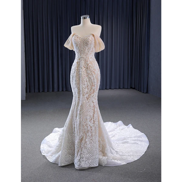 Luxury / Gorgeous White Handmade  Beading Lace Flower Wedding Dresses 2023 Trumpet / Mermaid Strapless Sleeveless Backless Court Train Wedding