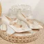 Elegant Beige Satin Pearl Rhinestone Wedding Shoes 2024 7 cm Thick Heels Pointed Toe Wedding Pumps High Heels