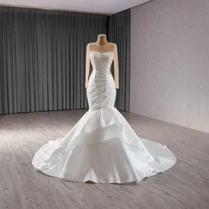 High End Elegant Hvit Perle Paljetter Satin Brudekjoler 2024 Trompet Havfrue Scoop Halsen Langermede Lange Bryllup