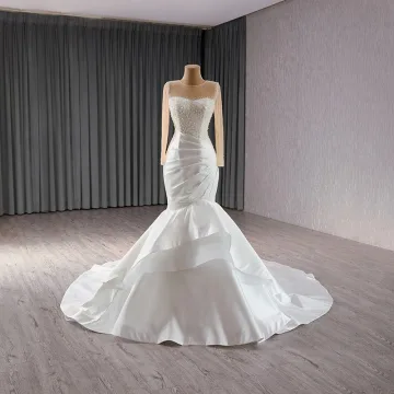 High End Elegante Witte Parel Pailletten Satijn Trouwjurken 2024 Trompet Zeemeermin Ronde Hals Lange Mouwen Lange Huwelijk