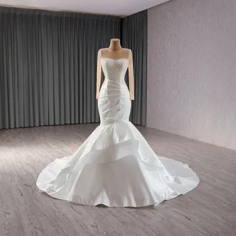 Gama Alta Elegantes Blanco Perla Lentejuelas Satén Vestidos De Novia 2024 Trumpet Mermaid Scoop Escote Manga Larga Largos Boda