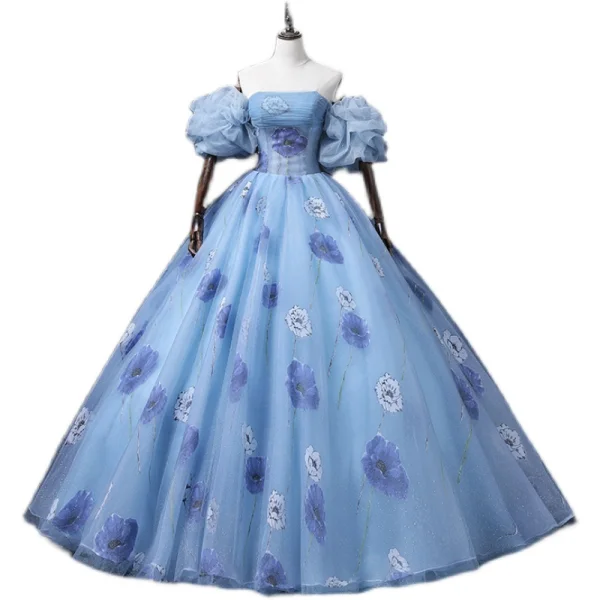 Elegant Pool Blue Prom Dresses 2022 Ball Gown Strapless Puffy Short Sleeve Backless Floor-Length / Long Prom Formal Dresses
