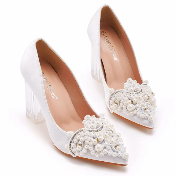 Chic / Beautiful White Pearl Rhinestone Wedding Shoes 2023 Satin 9 cm Crystal Thick Heels Pointed Toe Wedding Pumps High Heels