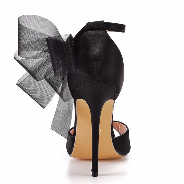 Sexy Noire Bride Cheville Noeud Soirée Sandales Femme 2022 Satin 11 cm Talons Aiguilles Peep Toes / Bout Ouvert Sandales Talons Hauts