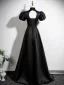 Vintage / Retro Black Satin Appliques Prom Dresses 2025 A-Line / Princess High Neck Puffy Short Sleeve Backless Floor-Length / Long Prom Formal Dresses