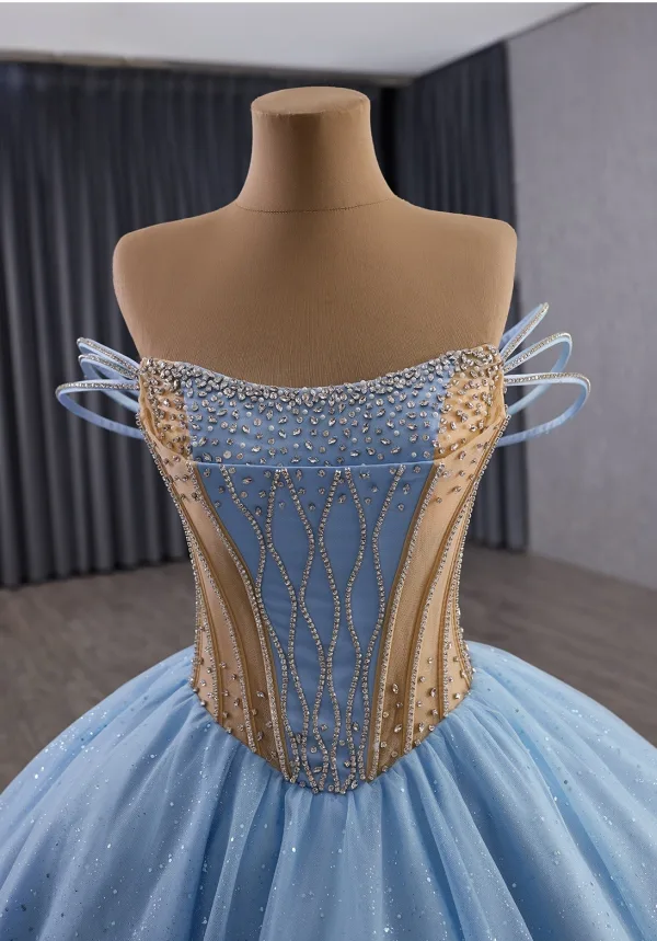 High-end Fashion Sky Blue Cascading Ruffles Sequins Rhinestone Prom Dresses 2025 Ball Gown Strapless Sleeveless Backless Court Train Formal Dresses