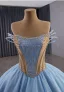 High-end Fashion Sky Blue Cascading Ruffles Sequins Rhinestone Prom Dresses 2025 Ball Gown Strapless Sleeveless Backless Court Train Formal Dresses