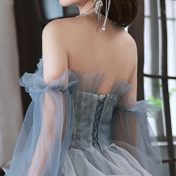 Chic / Beautiful Sky Blue Cascading Ruffles Pearl Prom Dresses 2023 A-Line / Princess Strapless Sleeveless Backless Floor-Length / Long Prom Formal Dresses