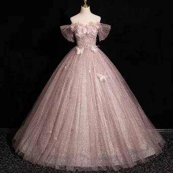 Elegant Blushing Pink Butterfly Appliques Sequins Prom Dresses 2024 Ball Gown Off The Shoulder Sleeveless Backless Floor Length Long Prom Formal Dresses