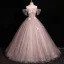 Elegant Blushing Pink Butterfly Appliques Sequins Prom Dresses 2024 Ball Gown Off-The-Shoulder Sleeveless Backless Floor-Length / Long Prom Formal Dresses