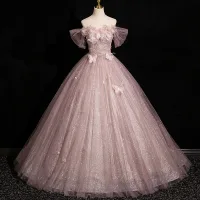 Elegante Rosa Schmetterling Applikationen Pailletten Ballkleider 2024 Ballkleid Off Shoulder Ärmellos Rückenfreies Lange Ball Festliche Kleider