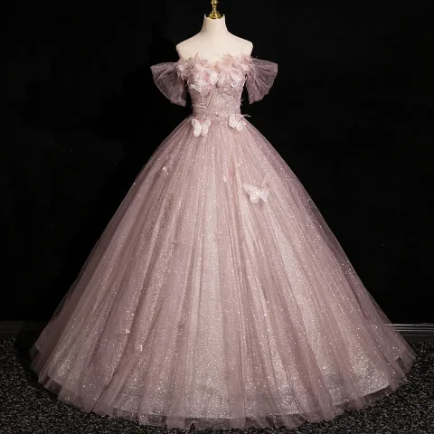 Elegante Rosa Schmetterling Applikationen Pailletten Ballkleider 2024 Ballkleid Off Shoulder Ärmellos Rückenfreies Lange Ball Festliche Kleider