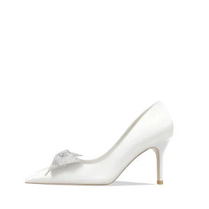 Eleganta Elfenben Rhinestone Rosett Brudskor 2022 Läder 8 Cm Stilettklackar Spetsiga Bröllop Pumps Högklackade