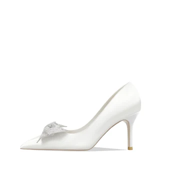 Élégant Ivoire Faux Diamant Noeud Chaussure De Mariée 2022 Cuir 8 Cm Talons Aiguilles À Bout Pointu Mariage Escarpins Talons Hauts
