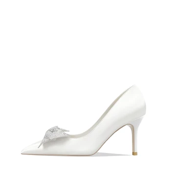 Elegant Ivory Rhinestone Bow Wedding Shoes 2022 Leather 8 Cm Stiletto Heels Pointed Toe Wedding Pumps High Heels