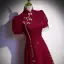 Chinese style Burgundy Pearl Rhinestone Lace Flower Evening Dresses 2022 A-Line / Princess High Neck Short Sleeve Floor-Length / Long Evening Party Formal Dresses