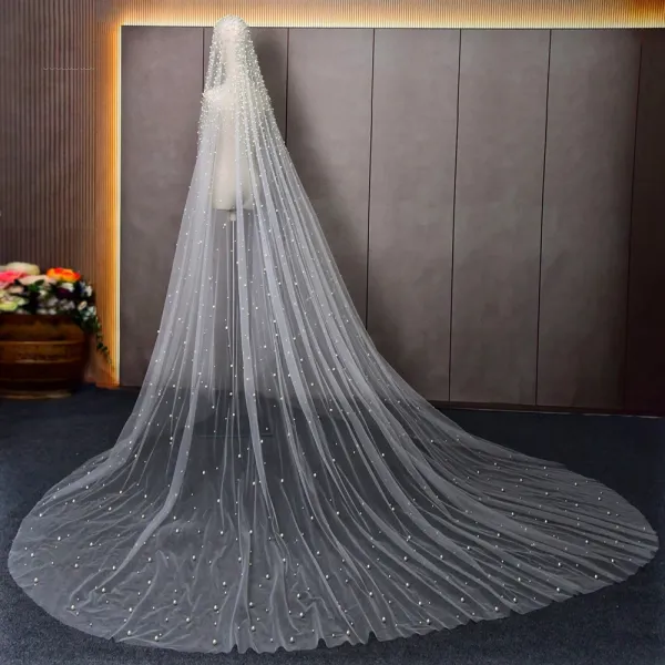 Pearl Veil, White Ivory Pearl Veil, Handmade Wedding Veil, Cathedral Veil, discount Wedding Veil with Comb, Wedding Trends 2023, Affordable Veil