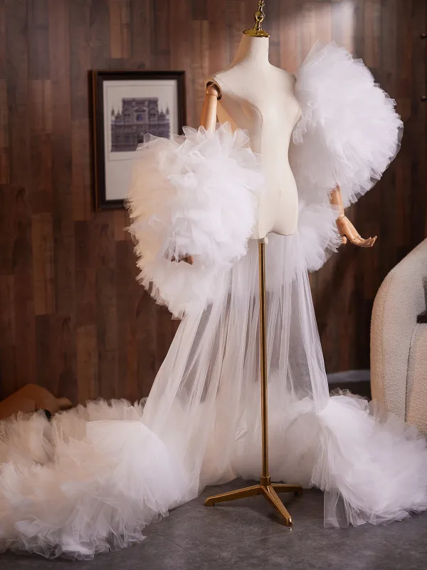 Unusual White Handmade Cascading Ruffles Prom shawl 2025 Puffy Short Sleeve Tulle