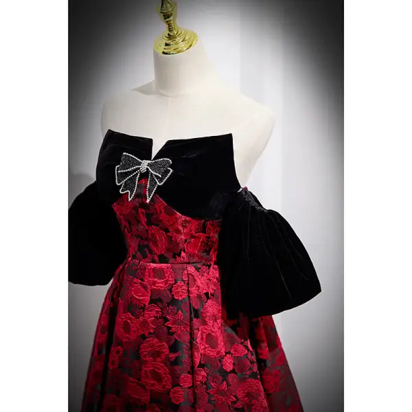 Charming Burgundy Printing Prom Dresses 2022 A-Line / Princess Strapless Rhinestone Bow Sleeveless Backless Floor-Length / Long Prom Formal Dresses