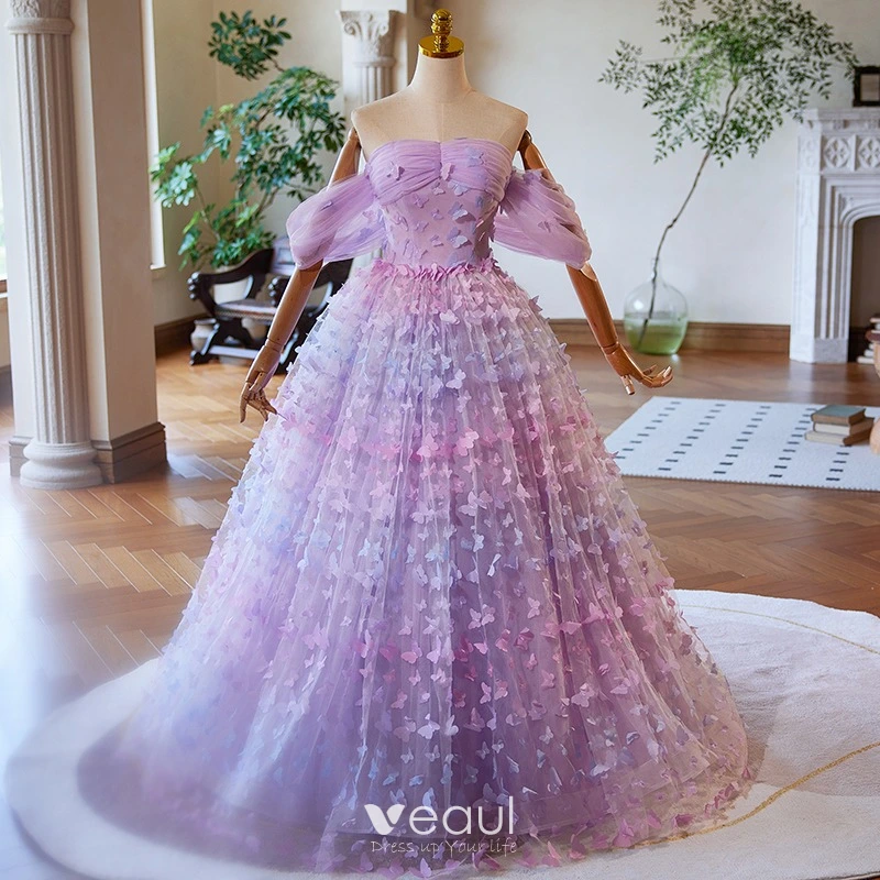 Glamorous Lilac Butterfly Prom Dresses 2024 Crossed Straps Tulle Sweet 16 A Line Princess Short Sleeve Floor Length Long Off The Shoulder Formal Dresses