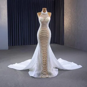 Luxe Sexy Blanche Fait Main Perlage Perle Robe De Bal 2023 Trompette Sirène Titulaire Sans Manches Dos Nu Tribunal Train Robe De Ceremonie