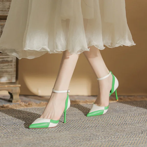Fashion Two Tone Khaki Street Wear Womens Shoes 2022 8 cm Stiletto Heels Ankle Strap Pointed Toe Womens Shoes High Heels