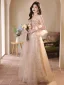 Charming Champagne Sequins Printing Prom Dresses 2024 A-Line / Princess Off-The-Shoulder Sleeveless Backless Floor-Length / Long Prom Formal Dresses