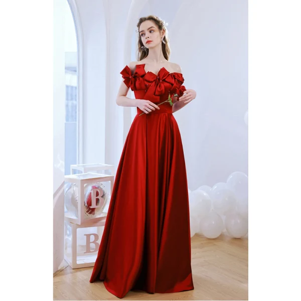 Chic / Beautiful Burgundy Satin Prom Dresses 2022 A-Line / Princess Off-The-Shoulder Pearl Bow Sleeveless Backless Floor-Length / Long Prom Formal Dresses