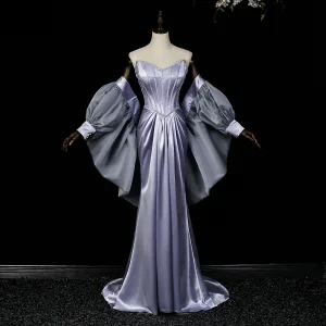 Sexy Lavender Beading Evening Dresses 2026 Trumpet Mermaid Strapless Puffy Short Sleeve Backless Sweep Train Formal Dresses