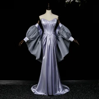 Sexy Lavande Perlage Robe De Soirée 2026 Trompette Sirène Bustier Gonflée Manches Courtes Dos Nu Train De Balayage Robe De Ceremonie