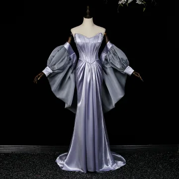 Sexy Lavendel Beading Selskapskjoler 2026 Trompet Havfrue Strapless Puffy Korte Ermer Ryggløse Feie Tog Formelle Kjoler