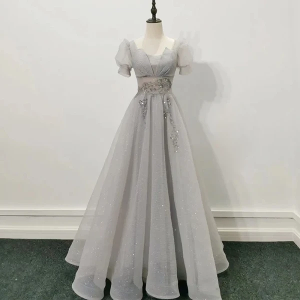 Elegant Sky Blue Beading Lace Flower Prom Dresses 2023 A-Line / Princess Square Neckline Short Sleeve Backless Floor-Length / Long Prom Formal Dresses