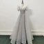 Elegant Sky Blue Beading Lace Flower Prom Dresses 2023 A-Line / Princess Square Neckline Short Sleeve Backless Floor-Length / Long Prom Formal Dresses