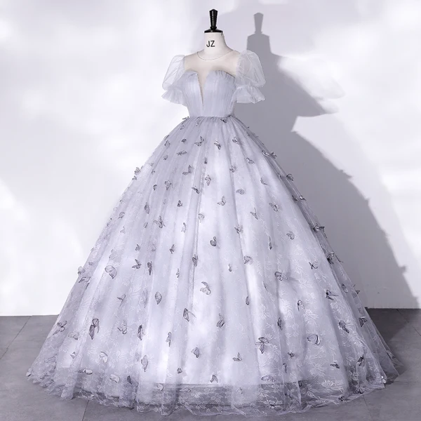 Elegant Grey Butterfly Prom Dresses 2022 Ball Gown Scoop Neck Puffy Short Sleeve Floor-Length / Long Prom Formal Dresses