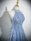 Sparkly Sky Blue Beading Pearl Sequins Prom Dresses 2024 A-Line / Princess High Neck Sleeveless Backless Floor-Length / Long Prom Formal Dresses