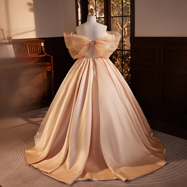 Modest Champagne Pearl Lace Flower Satin Prom Dresses 2023 Ball Gown Off-The-Shoulder Short Sleeve Backless Sweep Train Prom Formal Dresses