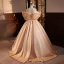Modest  Champagne Pearl Lace Flower Satin Prom Dresses 2023 Ball Gown Off-The-Shoulder Short Sleeve Backless Sweep Train Prom Formal Dresses
