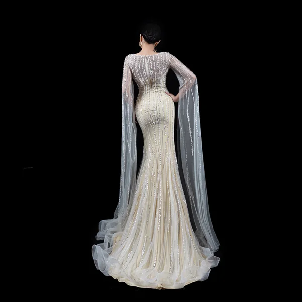 Luxury / Gorgeous Beige Handmade Beading Sequins Evening Dresses 2023 Trumpet / Mermaid V-Neck Long Sleeve Evening Party Sweep Train Formal Dresses