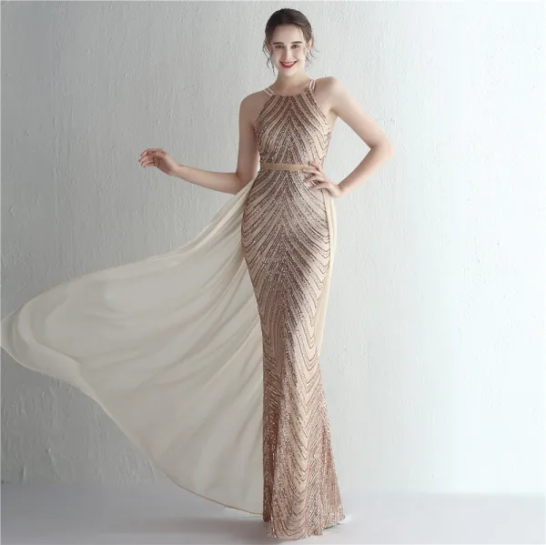 Sexy Burgundy Sequins Evening Dresses 2024 Trumpet / Mermaid Spaghetti Straps Sleeveless Backless Floor-Length / Long Evening Party Formal Dresses