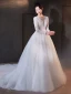 Elegant White Lace Flower Wedding Dresses 2024 A-Line / Princess Deep V-Neck Long Sleeve Backless Floor-Length / Long Wedding