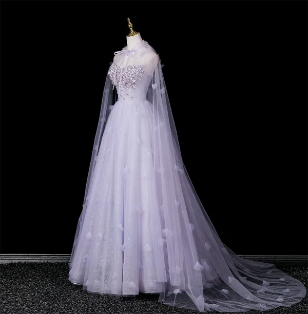 Chic / Beautiful Lavender Appliques Rhinestone Prom Dresses 2025 A-Line / Princess Strapless Sleeveless Backless Floor-Length / Long Formal Dresses