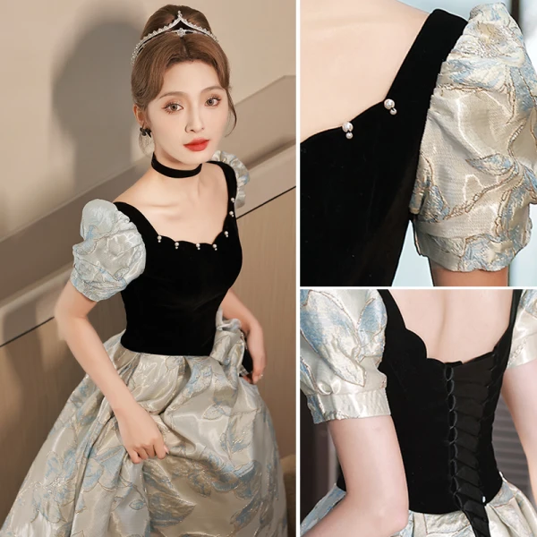 Elegant Black Glitter Prom Dresses 2023 A-Line / Princess Square Neckline Short Sleeve Backless Floor-Length / Long Prom Formal Dresses