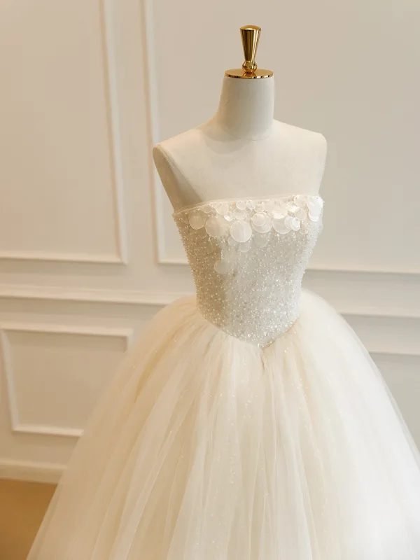 Elegante High End Champagner Handgefertigt Perlenstickerei Perle Pailletten Brautkleider / Hochzeitskleider 2026 Ballkleid Bandeau Ärmellos Rückenfreies Lange