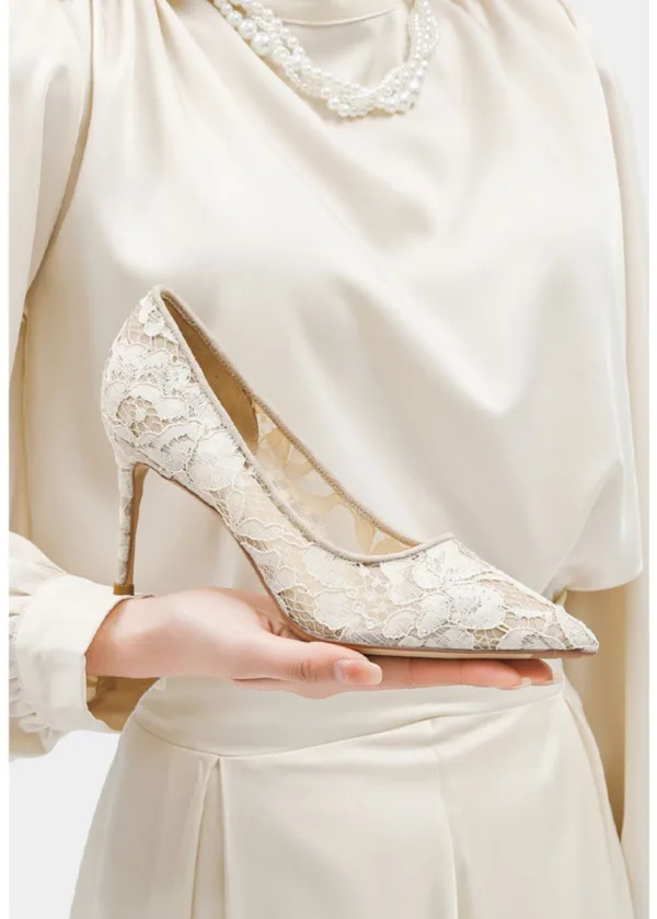 Elegant Ivory Leather Lace Wedding Shoes 2024 Wedding 6 cm Stiletto Heels Pointed Toe Pumps High Heels