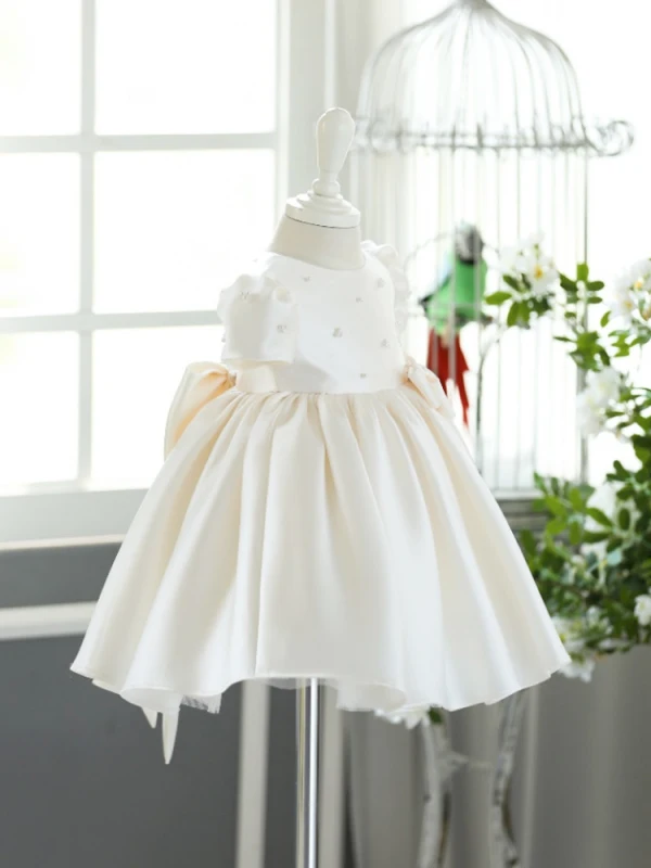 Charmant Blanche Noeud Perle Anniversaire Robe Ceremonie Fille 2023 Encolure Dégagée Gonflée Manches Courtes Courte