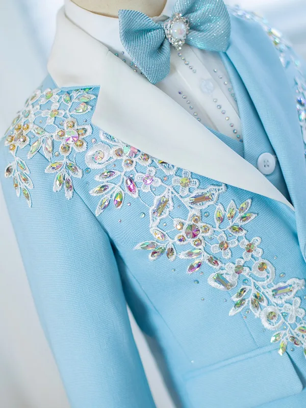 Fashion Sky Blue Rhinestone Long Sleeve 5-piece Boys Wedding Suits 2024 Coat Pants Shirt Tie Vest