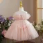Chic / Beautiful Blushing Pink Cascading Ruffles Birthday Short Ball Gown Flower Girl Dresses 2024 Scoop Neck Tulle