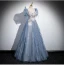 Chic / Beautiful Sky Blue Glitter Appliques Prom Dresses 2024 A-Line / Princess Square Neckline Puffy Short Sleeve Backless Floor-Length / Long Formal Dresses